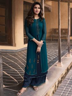 Jasmin Bhasin Prussian Blue Georgette Jacket Style Long Kurti with Stone Work Plazo Kurti Designs Latest, Double Layered Kurti Designs, Ladies Kurti Design, Long Kurti Patterns, Bollywood Designer Sarees, Kurta Patterns