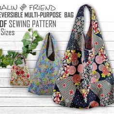 three bags with flowers on them and the text, free sewing pattern for reversible multi - purpose bag 3 sizes