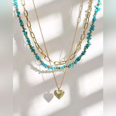 3pcs Layered Natural Crystal Beaded Turquoise Stone And Gold Heart Necklace Bohemian Style Trendy Adjustable Jewelry Turquoise Jewelry Gold, Turquoise Boho, Adjustable Jewelry, Neck Jewellery, Gold Heart Necklace, Chain Necklaces, Jewelry Inspo, Gold Heart, Boho Necklace