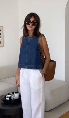 California Cool Fashion, Fashion Inspo Classy, Hide Midsection Outfits Style, French Fashion Spring 2024, Danish Mom Style, Denim Top Aesthetic, Work Cocktail Party Outfit Summer, Scandinavian Outfits Summer, Dinner With His Parents Outfit