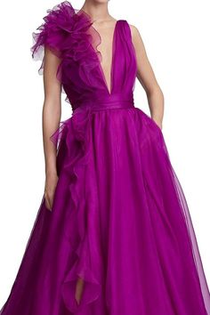 Extravagance Purple Ruffled Evening Dress Evening Floor-length Maxi Dress With Ruffled Skirt, Floor-length Ruffled Maxi Dress For Evening, Voluminous Tulle Floor-length Dress, Floor-length Voluminous Tulle Dress, Voluminous Floor-length Tulle Dress, Evening Gown With Ruffled Tulle Skirt, Elegant Ruffled Ball Gown Maxi Dress, Gala Evening Dress With Ruffles In Organza, Elegant Purple Gown With Tulle Skirt