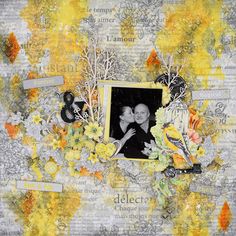 an altered photo with yellow flowers and leaves on it's side, in the middle of a collage