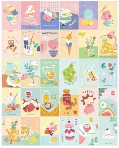 a series of posters with different types of food and drinks on them, all in pastel colors