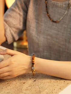 「Chinoiserie」Sunset Mountain Tiger's Eye Beaded Bracelet | Jewelry | Three Fleas Beaded Bracelets For Meditation, Natural Stones Crystal Bracelet For Meditation, Plastic Shop, Vintage Chinoiserie, Jade Crystal, Flying Birds, Chinoiserie Style, Tiger Eye Beads, Tiger's Eye