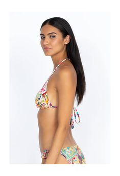 Multicolor Triangle Halter Top For Vacation, Triangle Halter Top For Pool Vacation, Triangle Top Halter For Pool Vacation, Multicolor Tie-side Swimwear For Vacation, Printed Triangle Top Swimwear For Vacation, Tropical Triangle Halter Top For Sunbathing, Tropical Style Halter Top For Vacation Sunbathing, Vacation Triangle Halter Top For Pool, Tropical Style Halter Top For Sunbathing On Vacation