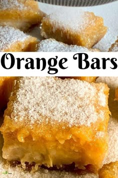 orange bars with powdered sugar on top and in the background text reads orange bars