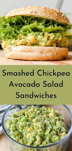 an avocado salad sandwich is shown with the words smashed chickpea avocado salad sandwiches