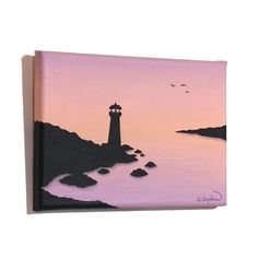 a painting of a lighthouse at sunset on the ocean with birds flying over it and rocks in the foreground