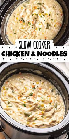 slow cooker chicken noodle soup in the crock pot with text overlay