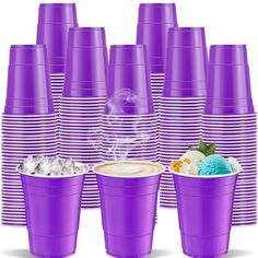 purple cups filled with ice cream on top of each other