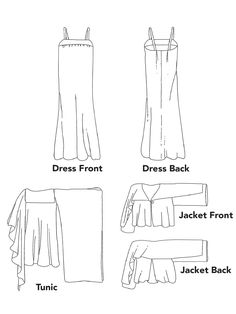 four different types of clothing for women with names in english and spanish, including dresses from the front to the back