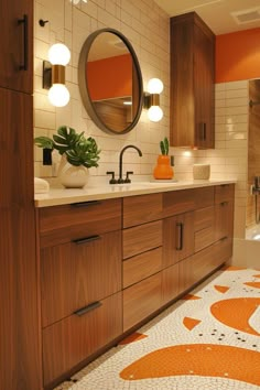 a bathroom with orange and white tiles on the floor, sink, mirror and tub