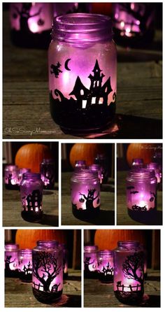 a purple jar filled with halloween decorations on top of a wooden table