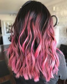 Colored Hair With Black Roots, Pink Balayage With Bangs, Pink Hair Highlights On Black Hair, Light Pink Highlights In Black Hair, Pink Lowlights In Brown Hair, Pink Hair Highlights, Underlights Hair, Pink Ombre Hair, Highlights Ideas