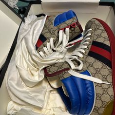 Men Gucci Shoes In Excellent Condition Original Size 11 Gucci Designer Calf Leather Sneakers, Designer Calf Leather High-top Sneakers, Designer Gucci High-top Sneakers With Rubber Sole, Blue Gucci Sneakers With Branded Insole, Luxury High-top Sneakers With Red Sole, Blue Gucci Sneakers With Round Toe, Designer Brown Gucci Sneakers, Blue Lace-up Gucci Sneakers, Designer Blue High-top Sneakers