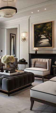 a living room filled with furniture and a chandelier