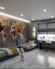 a bedroom with two beds and a world map on the wall