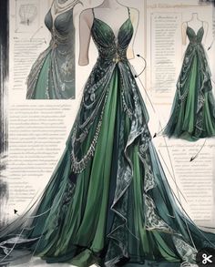 Green Slytherin Dress, Green Forest Wedding Dress, Fantasy Green Dress, Forest Green Dress, Dreamy Gowns, Dress Design Drawing, Fashion Drawing Dresses, Fantasy Dresses, Dress Design Sketches