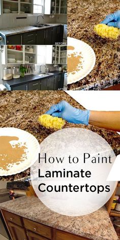 how to paint laminate countertops with blue gloves and yellow sponges on them