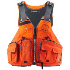 an orange life jacket with two pockets and zippers on the chest, attached to a white background