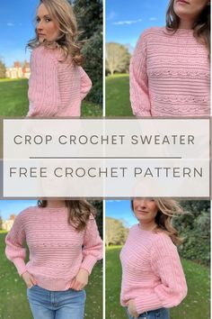 the crochet sweater pattern is shown in four different pictures, including one with an open