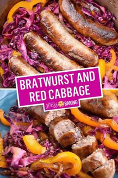 bratwurst and red cabbage in a blue bowl