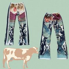 Cow blanket pants made for your custom size! Reworked Sweatpants, Blanket Pants, Phat Pants, Cow Blanket, Reworked Nike, Flower Jeans, High Waisted Jeans Vintage, Tapestry Blanket, Woven Tapestry