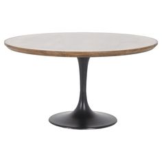 an oval dining table with a wooden top and black metal base, against a white background