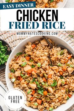 chicken fried rice in a white bowl with spoons on the side and text overlay that reads easy dinner chicken fried rice