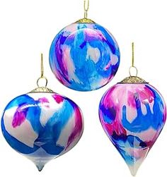 three colorful ornaments hanging from gold chains