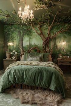 a green bedroom with a tree mural on the wall and chandelier hanging from the ceiling