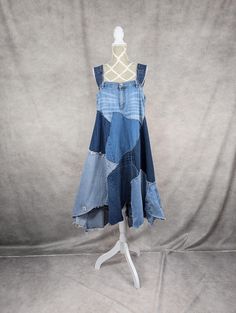 Upcycled denim patchwork dress with frayed seams and jagged hem. Wide shoulder straps for added comfort. Bust measures 40" and length is approximately 44". Denim Patchwork Dress, Upcycle Dress, Upcycling Clothes, Jeans Patchwork, Patchwork Sweater, Denim Tank, Patch Dress, Denim Quilt, Patchwork Skirt