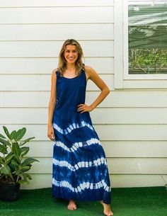 Embrace the summer with this Shibori Indigo Hand Dyed Dress. Ideal for beach outings, lounging at home, or casual summer wear, this dress is handmade from soft and comfy 100% rayon. With an adjustable racerback style, it offers a flexible fit for various body types.  Key Features * Material: Soft and comfy 100% rayon * Style: Adjustable racerback knot dress * Design: Hand-dyed Shibori pattern in indigo and white * Length: 54 inches from the high point of shoulder to hem * Bust: Fits bust sizes 3 Bohemian Natural Dye Maxi Dress For Summer, Bohemian Maxi Dress With Natural Dye For Summer, Summer Cotton Tie Dye Maxi Dress, Summer Cotton Tie-dye Maxi Dress, Summer Cotton Maxi Dress With Natural Dye, Summer Flowy Dresses With Natural Dye, Beach Maxi Dress With Natural Dye, Flowy Summer Dresses With Natural Dye, Casual Tie Dye Dress For Vacation