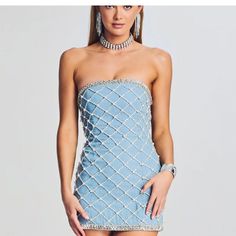 Denim Embellished Mini Dress, New And Never Worn Very Hard To Find Selling Because It Didnt Fit Me And Would Be Hard To Alter Unique Blue Hoco Dress, Unique Hoco Dress, Blue Rhinestone Dress, Embellished Dress Short, Retrofete Dress, Unique Mini Dress, Beach Nights, Award Show Dresses, Business Aesthetic