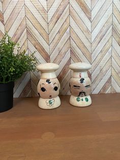 two ceramic vases sitting on top of a table next to a potted plant