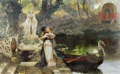 an image of a woman kissing a man in front of a boat with swans on it