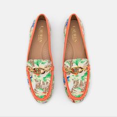 Reposhing This Item I Purchased From @Amychicstyle. Loved It, But Ready To Rotate For Something New. Elevate Your Style With The Ralph Lauren Averi Ii Floral Monogram Jacquard Loafer In Fantasia Peach, Size 8. Slip Into These Comfortable And Lightweight Flats, Perfect For Both Travel And Casual Occasions. The Round Toe Shape And Multicolor Floral Pattern Will Add A Touch Of Sophistication To Any Outfit. Crafted With A Jacquard Upper Material And Leather Trim, These Loafers Feature A Slip-On Clos Trip To Maui, My Boo, Floral Monogram, Ralph Lauren Shoes, Easy Wear, Leather Trim, Green And Orange, Flat Shoes Women, Loafer Flats