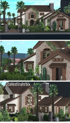 two different views of a house with palm trees in the front and side by side