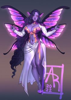 a drawing of a woman with purple hair and wings on her body, standing in front of a sign that says art 22