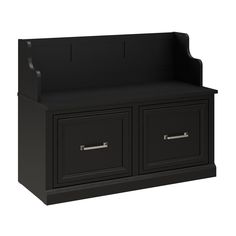 a black bench with two drawers on it's front and back sides, against a white background