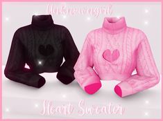 two sweaters with hearts on them sitting next to each other in front of a pink and black background