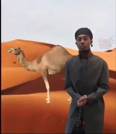 a man standing next to a camel in the desert