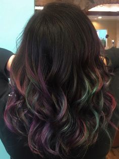 Oil Slick Hair! Subtle Oil Slick Hair, Oil Slick Hair Color Brunettes, Indian Hair Cuts, Hair Color Placement, Blue Hair Highlights