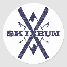 ski bum sticker with two crossed skis on the front and back of it