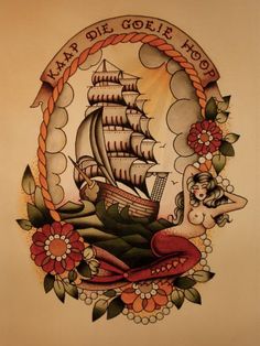 an old school tattoo design with a ship in the middle and flowers around it, on a white background