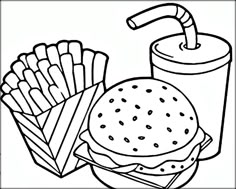 a black and white drawing of a hamburger, french fries and a drink with a straw