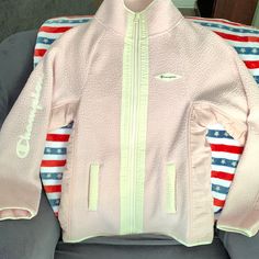 Never Worn Perfect Condition Light Pink With No Discoloration Champion Fluffy Jacket, Pink Sweatshirt With Zipper Closure For Winter, Pink Winter Sweatshirt With Zipper Closure, Pink Fleece Outerwear For Outdoor, Pink Fleece Outdoor Outerwear, Pink Winter Track Jacket For Outdoor, Pink Fleece Outerwear With Pockets, Pink Fleece Outerwear With Fleece Lining, Sporty Pink Fleece Jacket With Fleece Lining