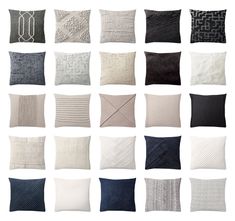 many different types of pillows on a white background