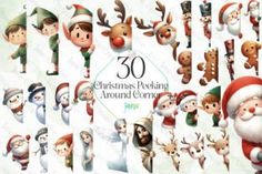 30 christmas puddinging around the corner with santa claus and reindeers on them, all in different poses