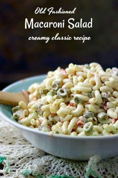 macaroni salad in a bowl on a doily